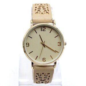 Accutime Watch Womens Gold Tone Stainless Steel Classic Beige Leather Band